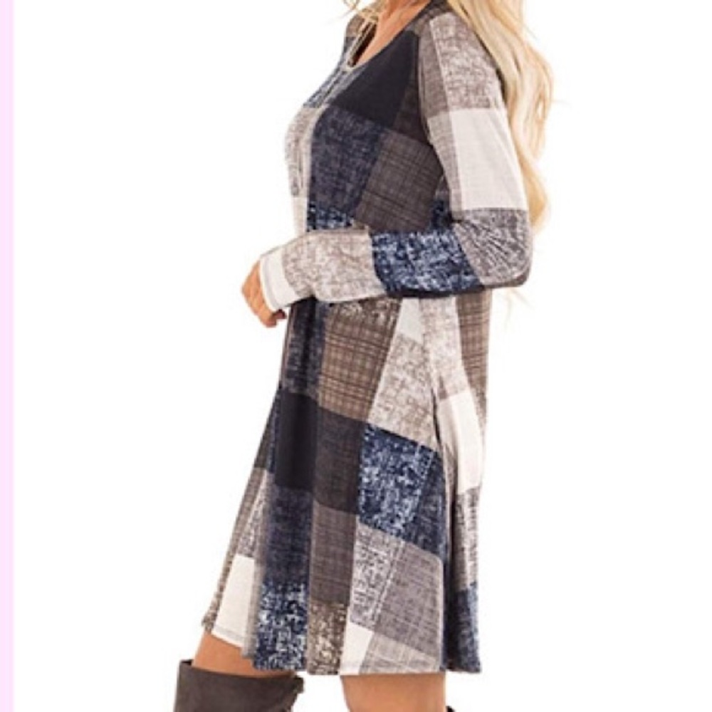 🆕Long Sleeve Plaid Loose Swing Dress with Pockets - Picture 2 of 2